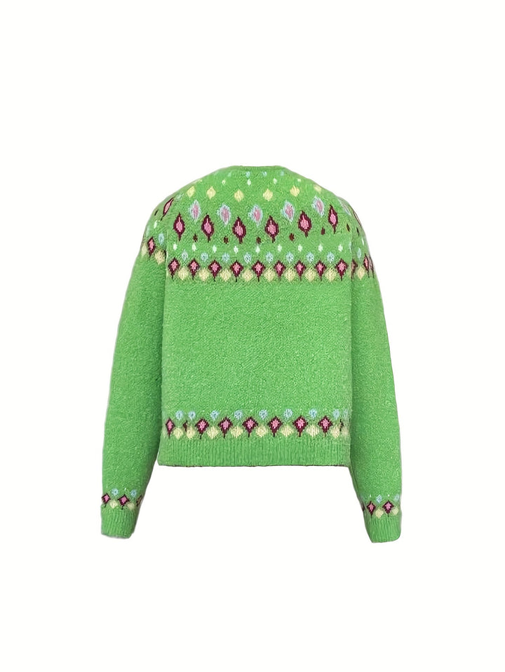 Geneva – Damen V-Ausschnitt-Cardigan mit geometrischem Fair-Isle-Muster
