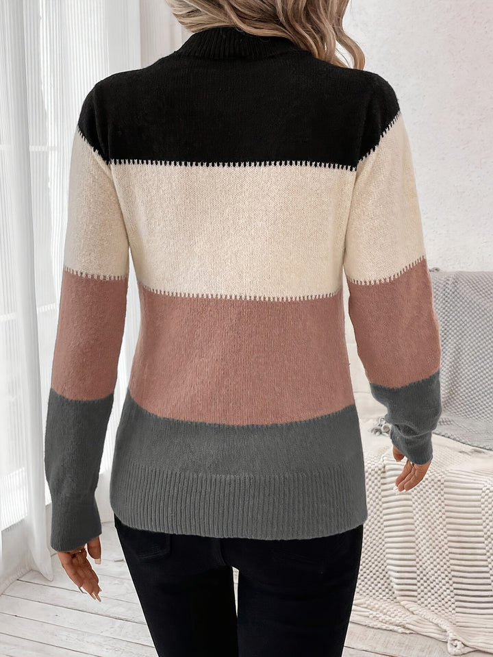 Svenja | Farbblock-Pullover mit Stehkragen & langen Ärmeln