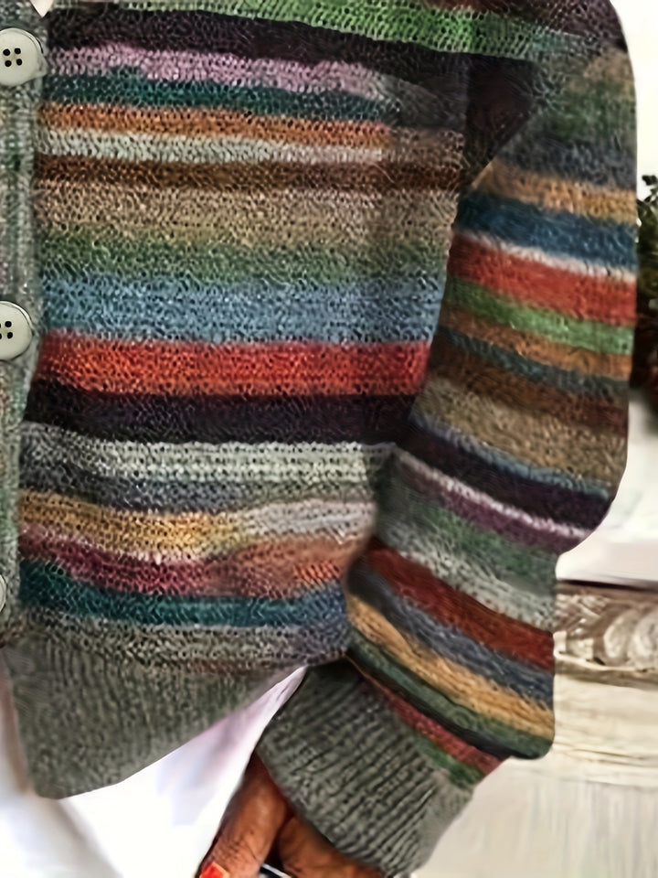 Elenita – Damen V-Ausschnitt-Cardigan mit bunten Streifen und Knopfleiste