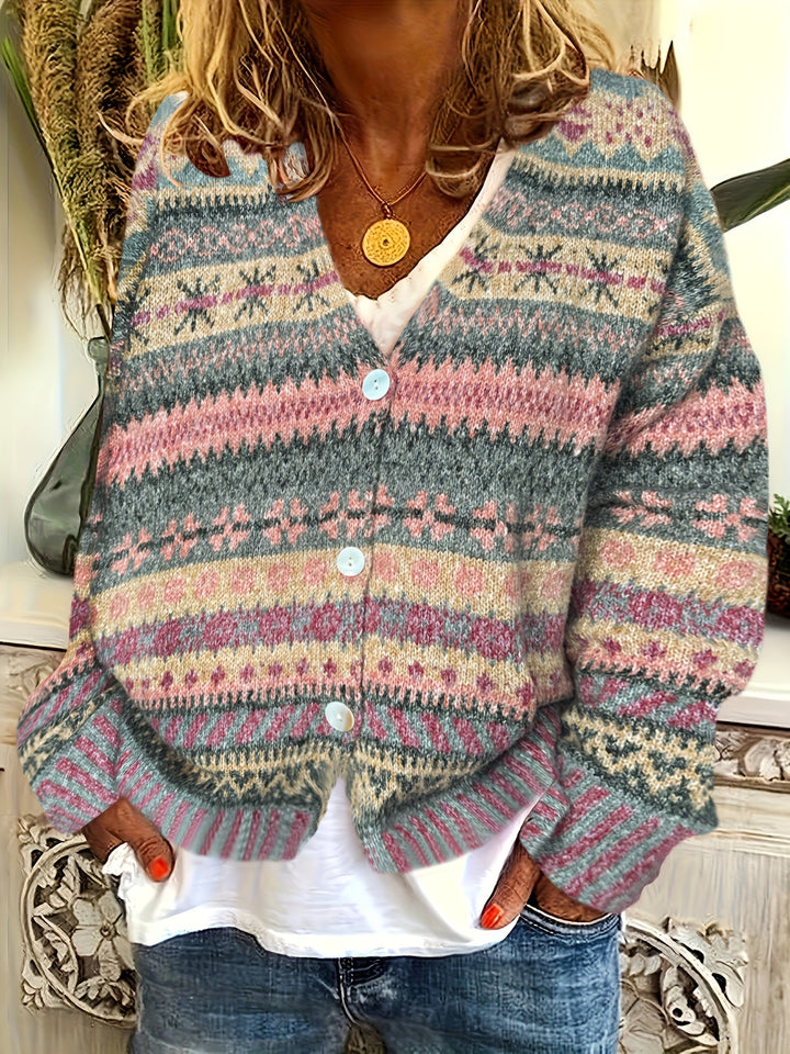 Heather – Damen V-Ausschnitt-Cardigan mit geometrischem Muster