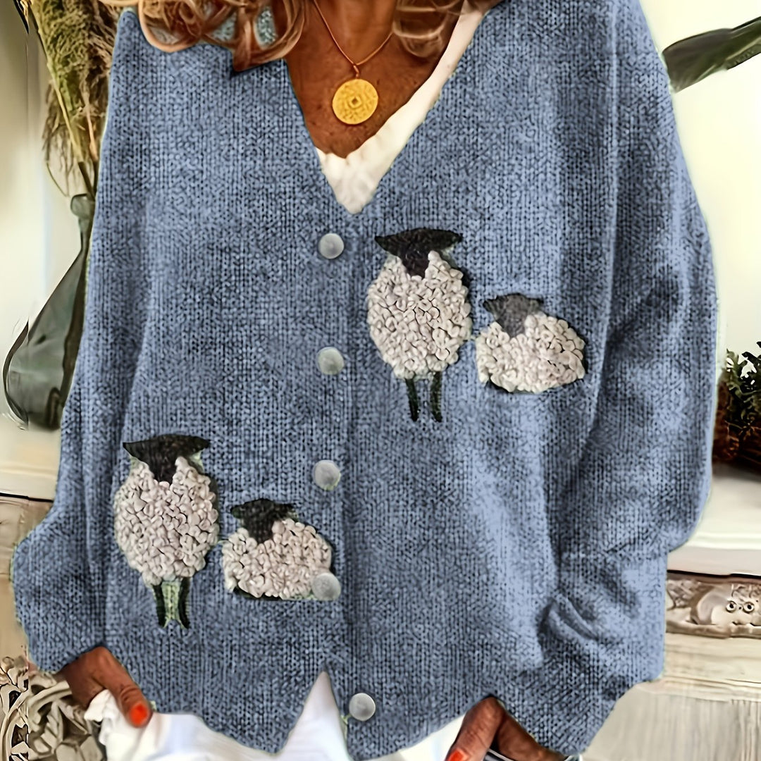 Malaya – Damen V-Ausschnitt-Cardigan mit Schafmuster und Knopfleiste