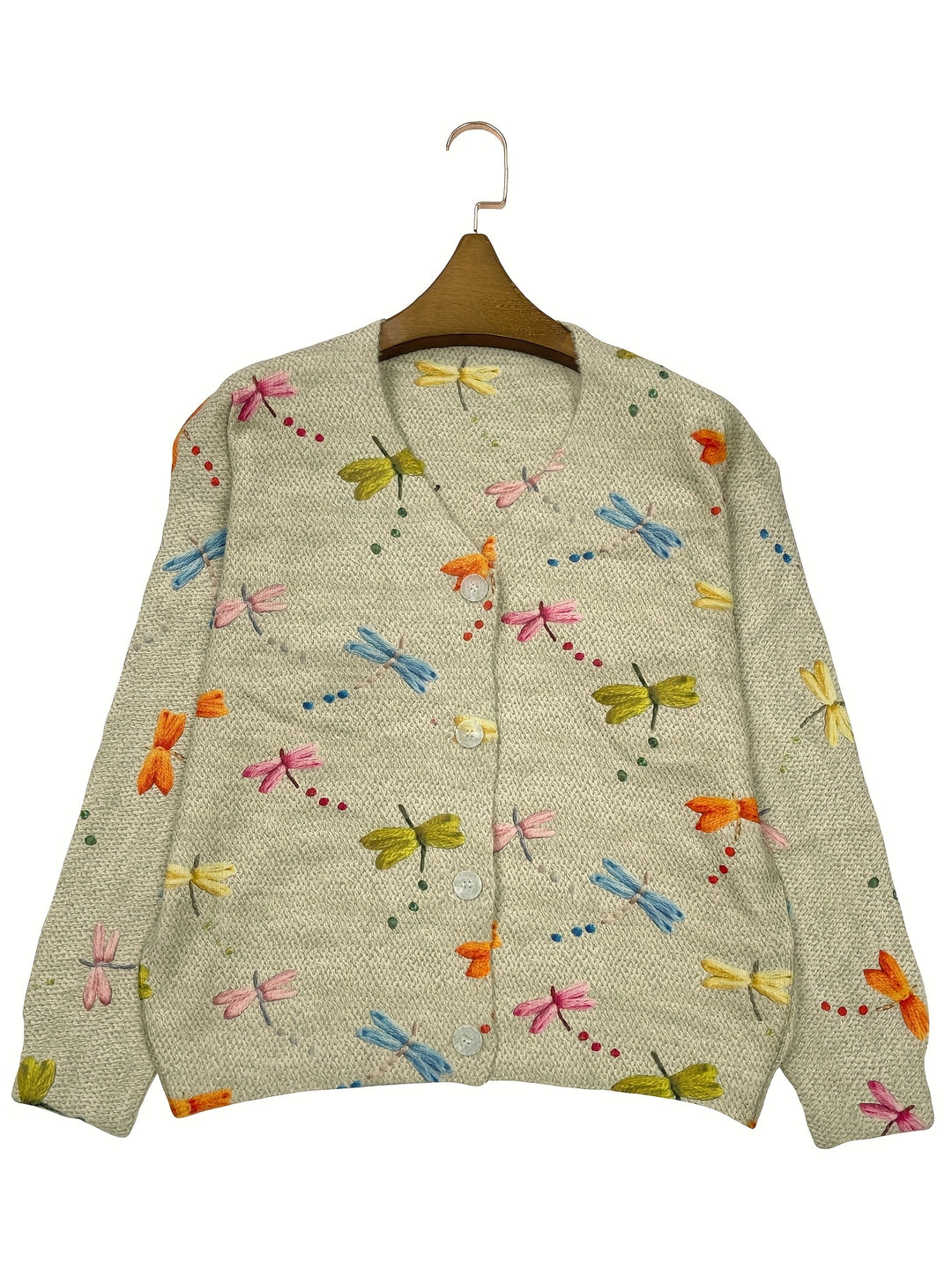 Mayumi – Damen V-Ausschnitt-Cardigan mit Insektenprint und gewebter Optik