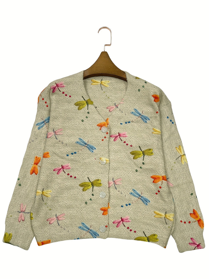 Mayumi – Damen V-Ausschnitt-Cardigan mit Insektenprint und gewebter Optik