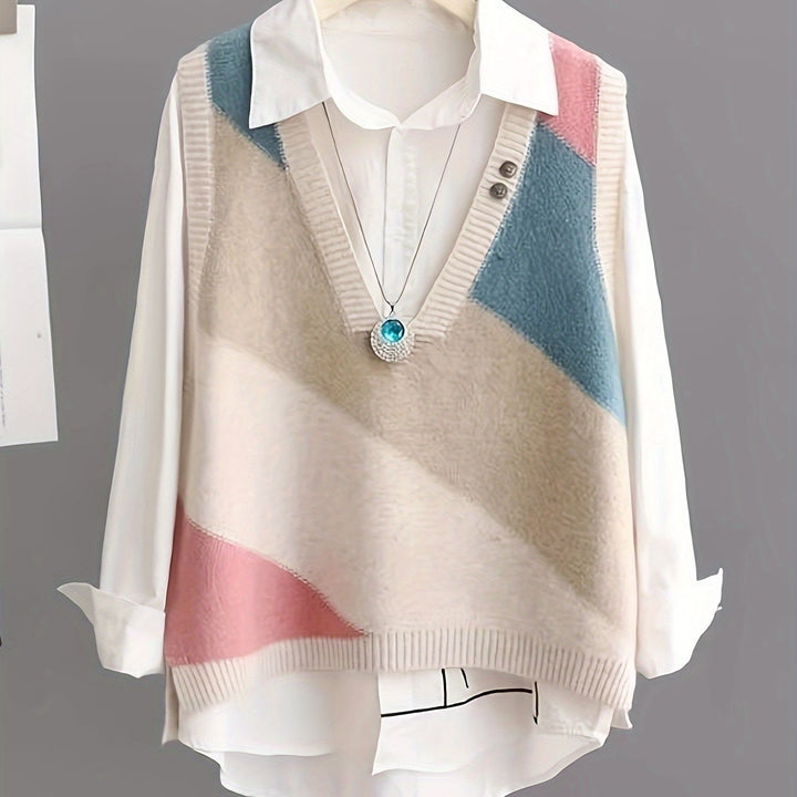 Iva – Vintage Strickweste mit Farbblock & V-Ausschnitt