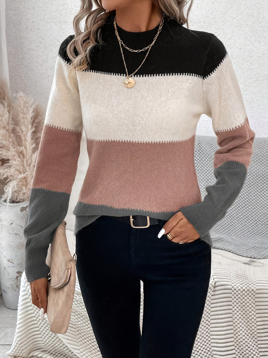 Svenja | Farbblock-Pullover mit Stehkragen & langen Ärmeln