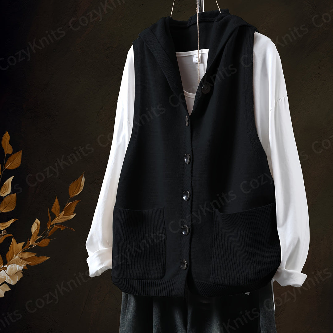 Tenzin – Ärmelloser Strick-Cardigan mit Kapuze, Knopfleiste & Taschen