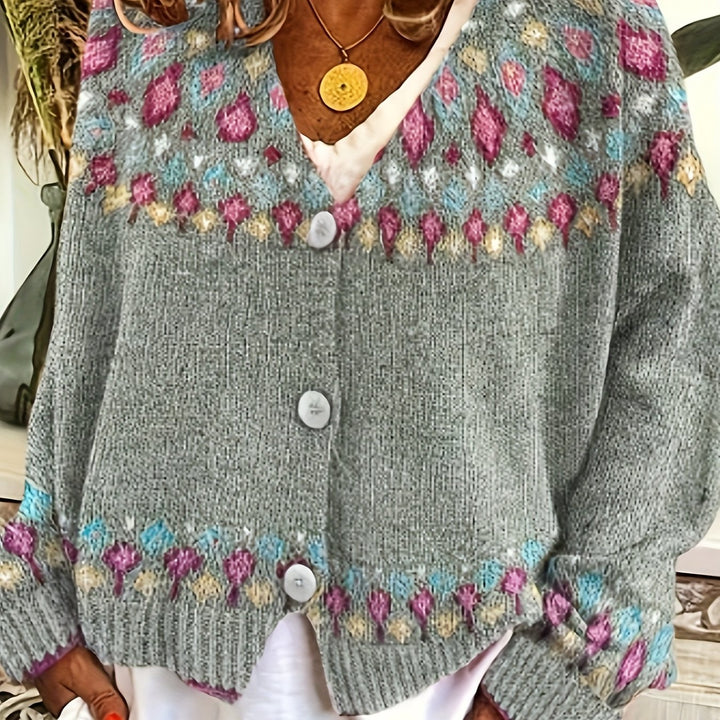 Geneva – Damen V-Ausschnitt-Cardigan mit geometrischem Fair-Isle-Muster