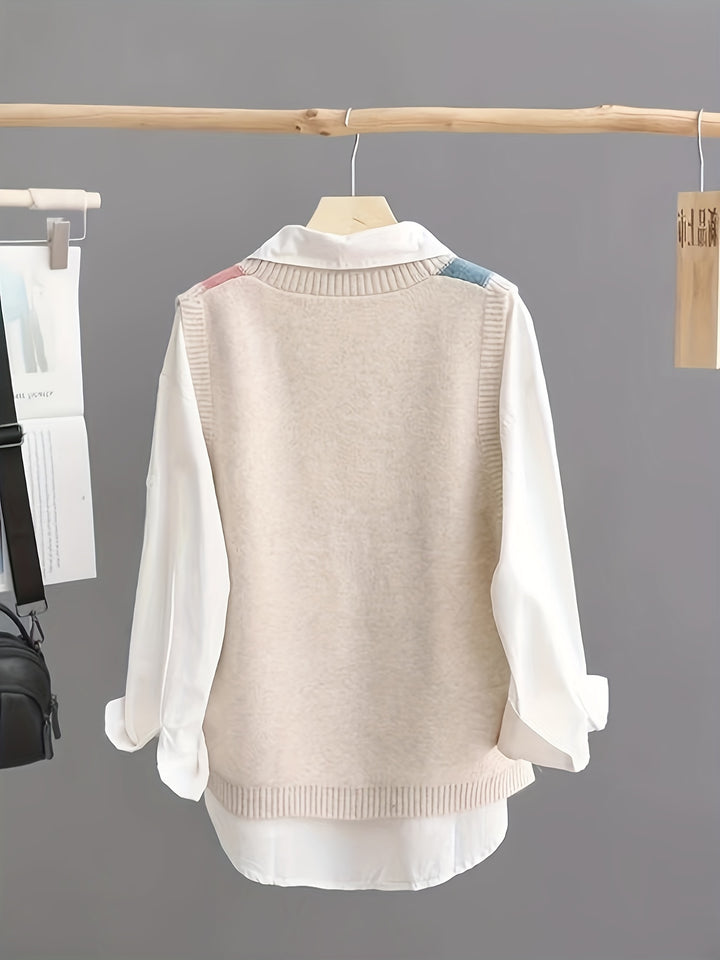 Iva – Vintage Strickweste mit Farbblock & V-Ausschnitt