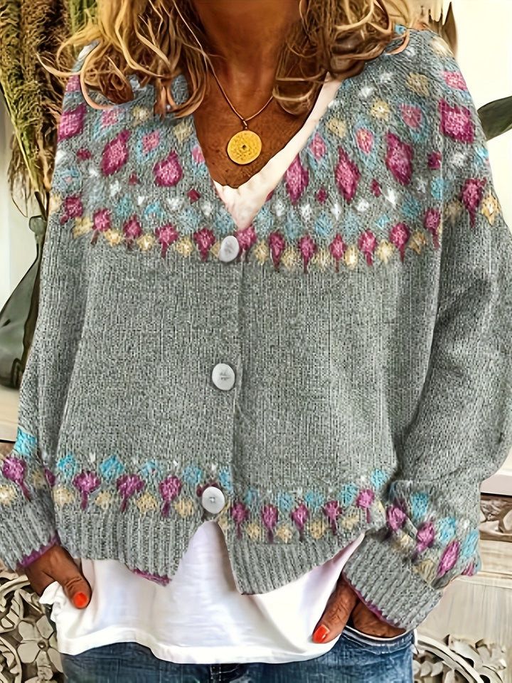 Geneva – Damen V-Ausschnitt-Cardigan mit geometrischem Fair-Isle-Muster