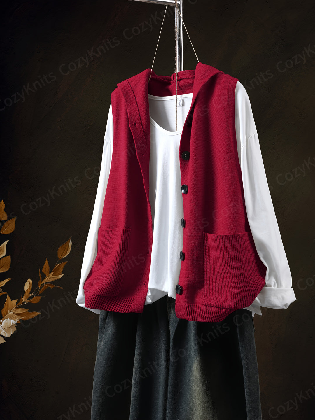 Tenzin – Ärmelloser Strick-Cardigan mit Kapuze, Knopfleiste & Taschen