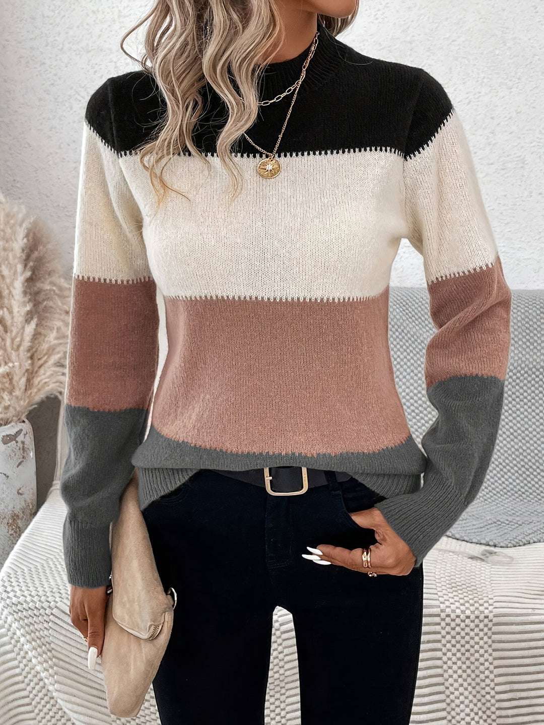 Svenja | Farbblock-Pullover mit Stehkragen & langen Ärmeln