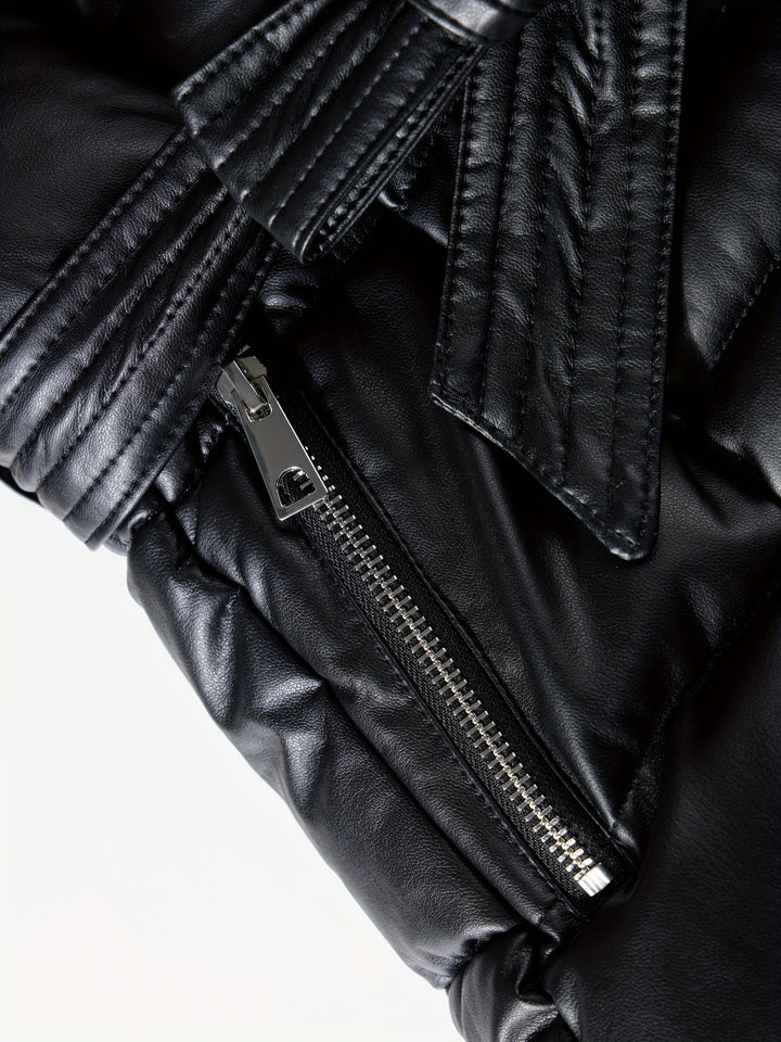 Ingrid – Elegante Damen-Veganer Lederjacke mit Kapuze aus Kunstfell und Gürtel-Detail