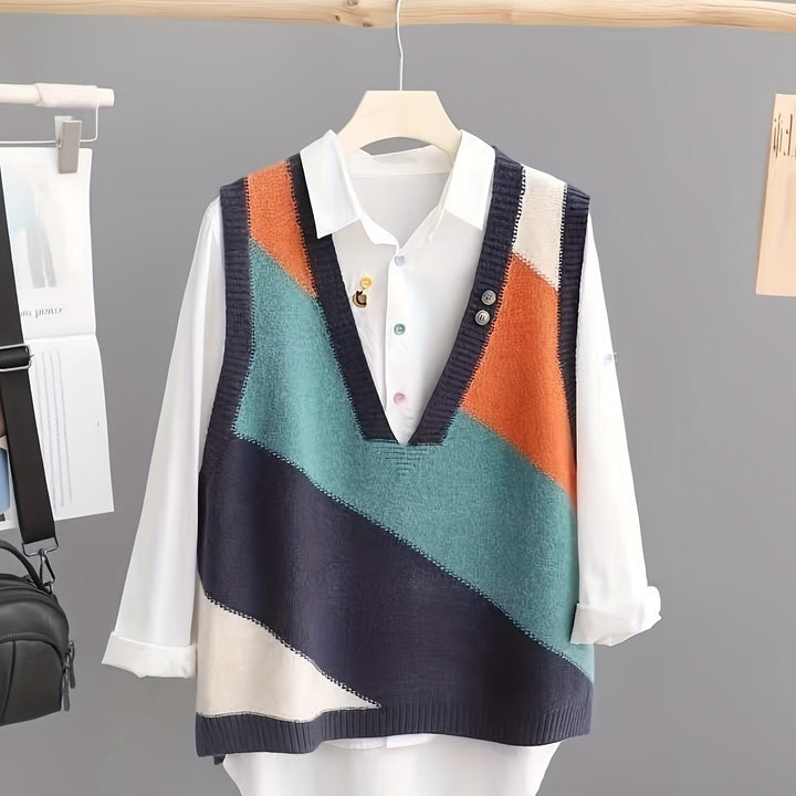 Iva – Vintage Strickweste mit Farbblock & V-Ausschnitt