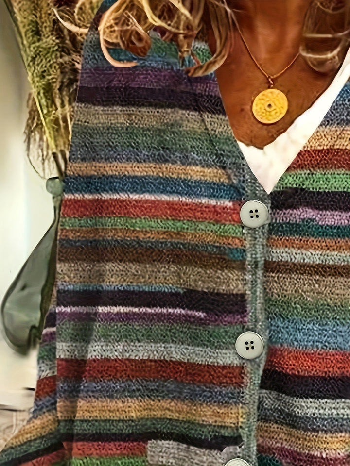 Elenita – Damen V-Ausschnitt-Cardigan mit bunten Streifen und Knopfleiste