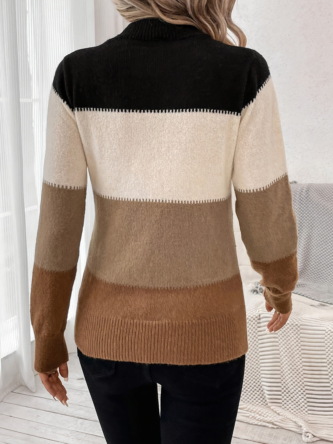 Svenja | Farbblock-Pullover mit Stehkragen & langen Ärmeln