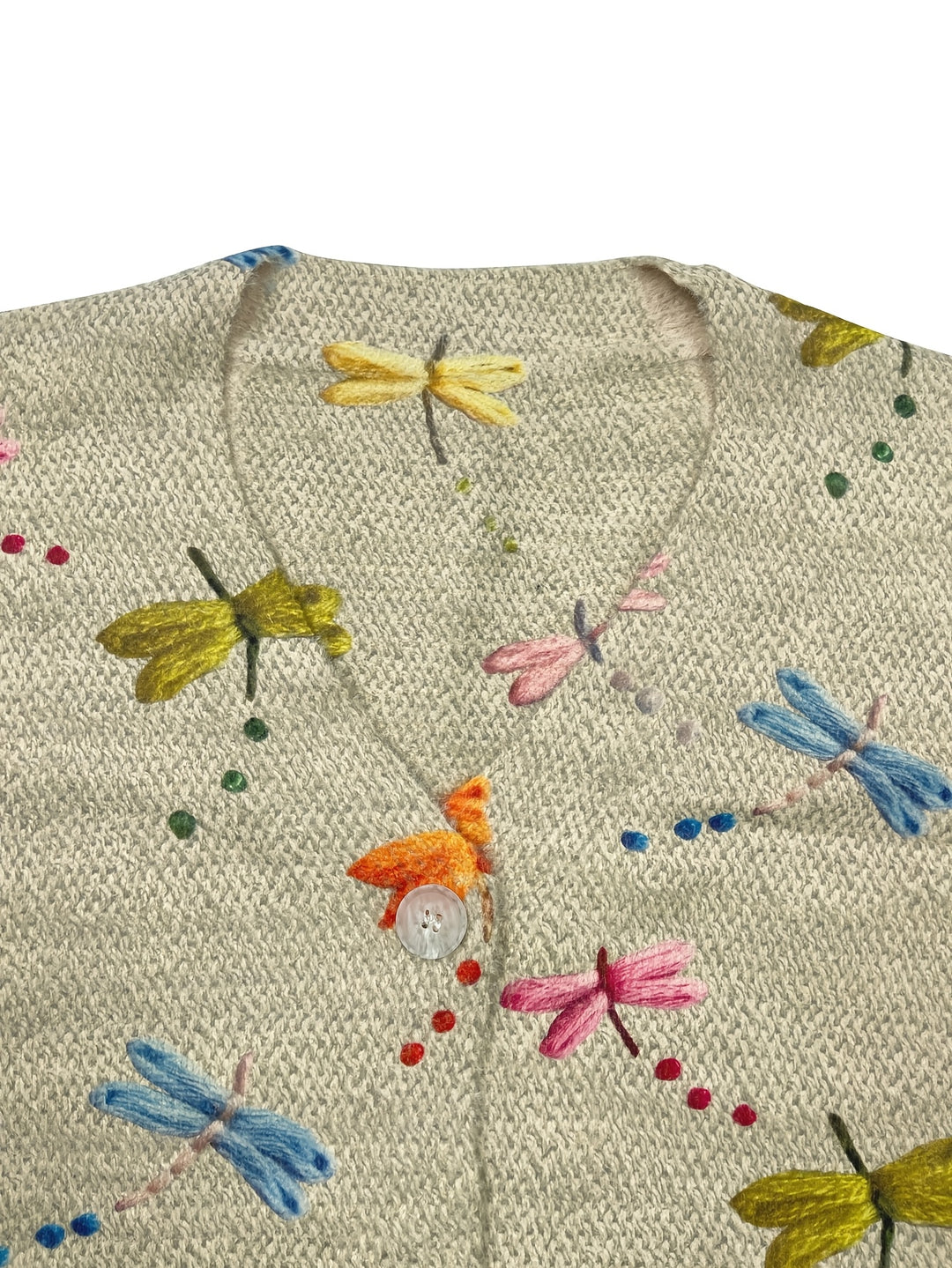 Mayumi – Damen V-Ausschnitt-Cardigan mit Insektenprint und gewebter Optik