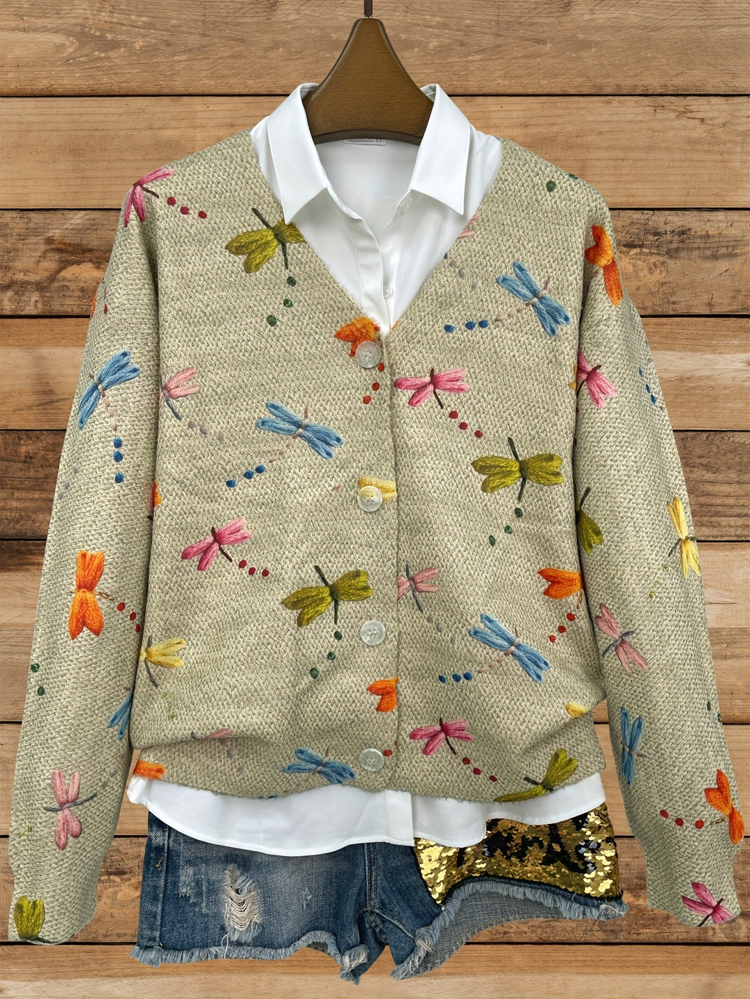 Mayumi – Damen V-Ausschnitt-Cardigan mit Insektenprint und gewebter Optik