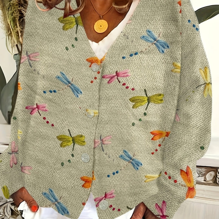 Mayumi – Damen V-Ausschnitt-Cardigan mit Insektenprint und gewebter Optik