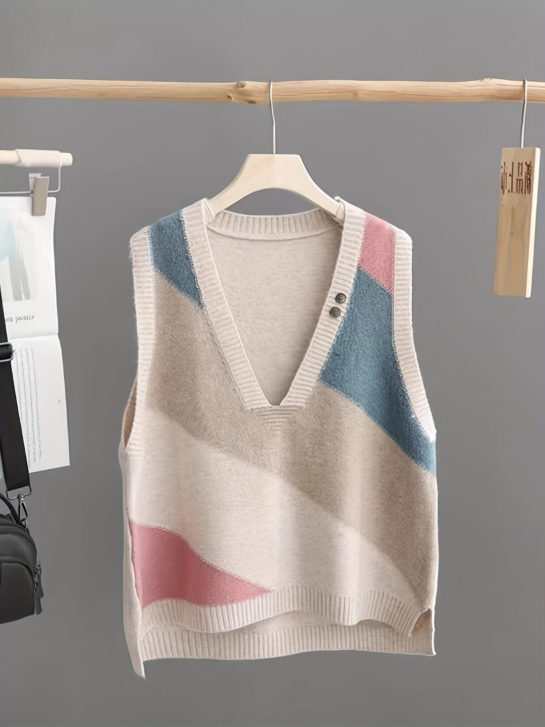 Iva – Vintage Strickweste mit Farbblock & V-Ausschnitt