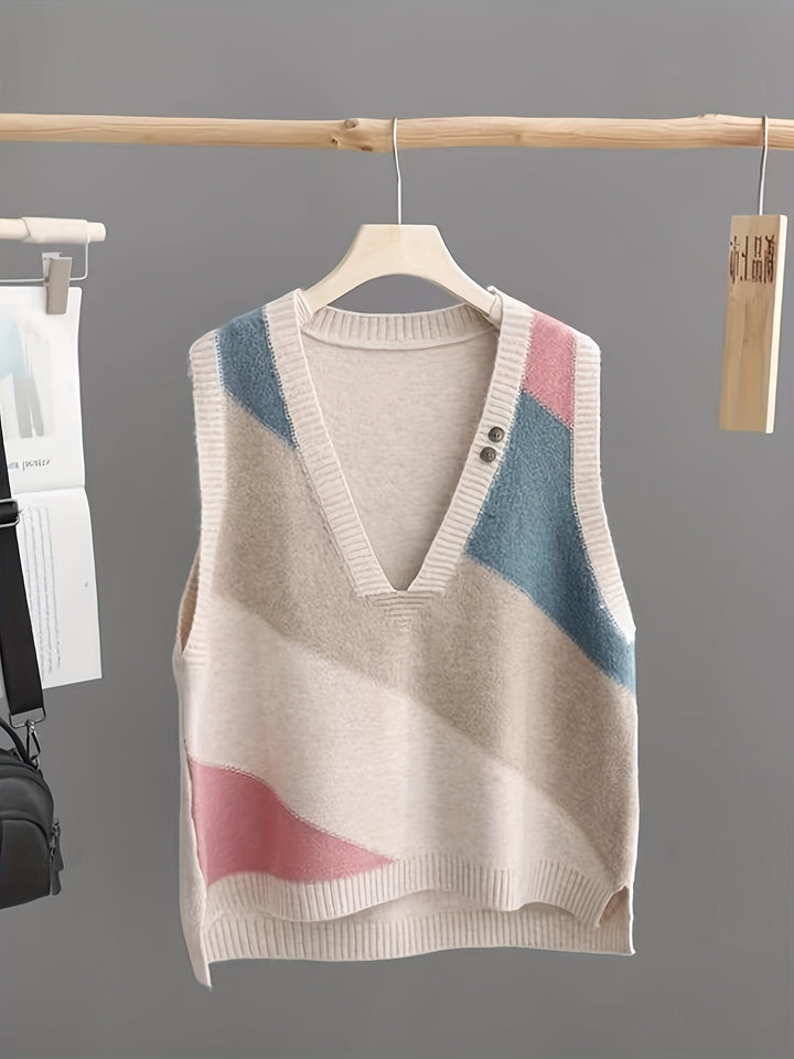 Iva – Vintage Strickweste mit Farbblock & V-Ausschnitt