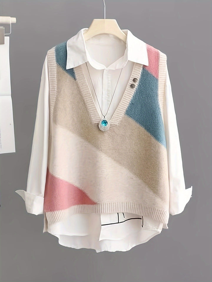 Iva – Vintage Strickweste mit Farbblock & V-Ausschnitt