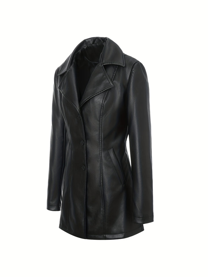 Atara – Eleganter PU-Veganer Ledermantel mit Revers & A-Linien-Schnitt