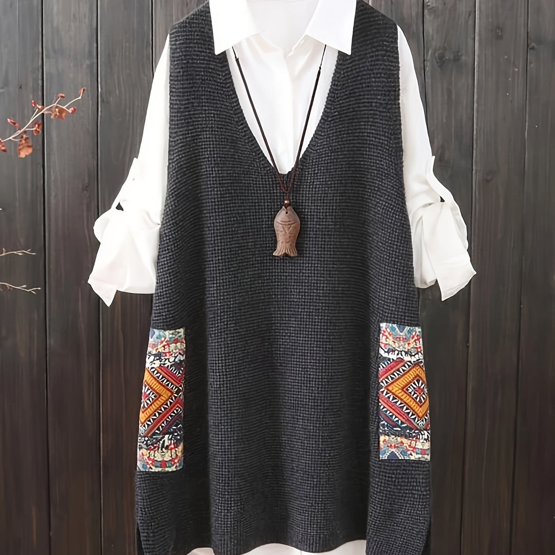 Carolina – Plus Size Strickkleid mit V-Ausschnitt, Farbblock & Taschen