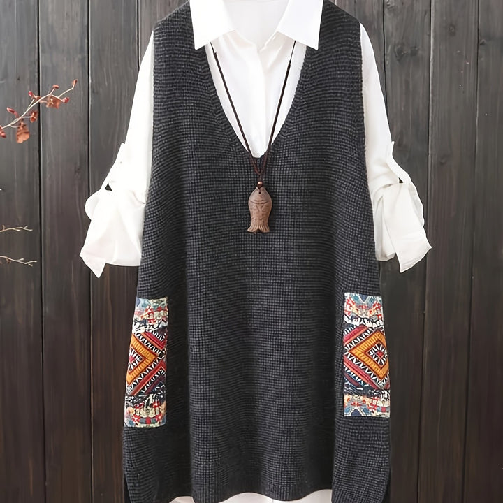 Carolina – Plus Size Strickkleid mit V-Ausschnitt, Farbblock & Taschen