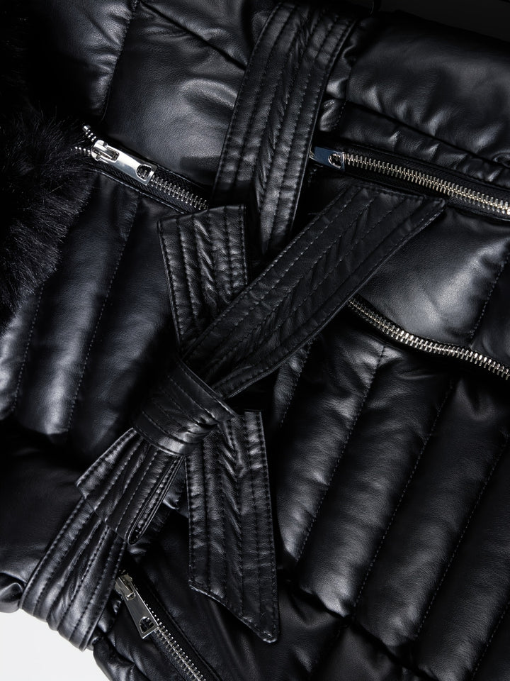 Ingrid – Elegante Damen-Veganer Lederjacke mit Kapuze aus Kunstfell und Gürtel-Detail