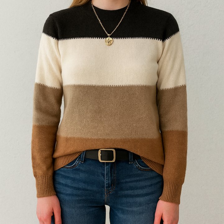 Svenja | Farbblock-Pullover mit Stehkragen & langen Ärmeln