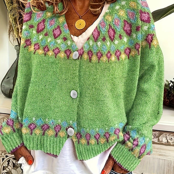 Geneva – Damen V-Ausschnitt-Cardigan mit geometrischem Fair-Isle-Muster