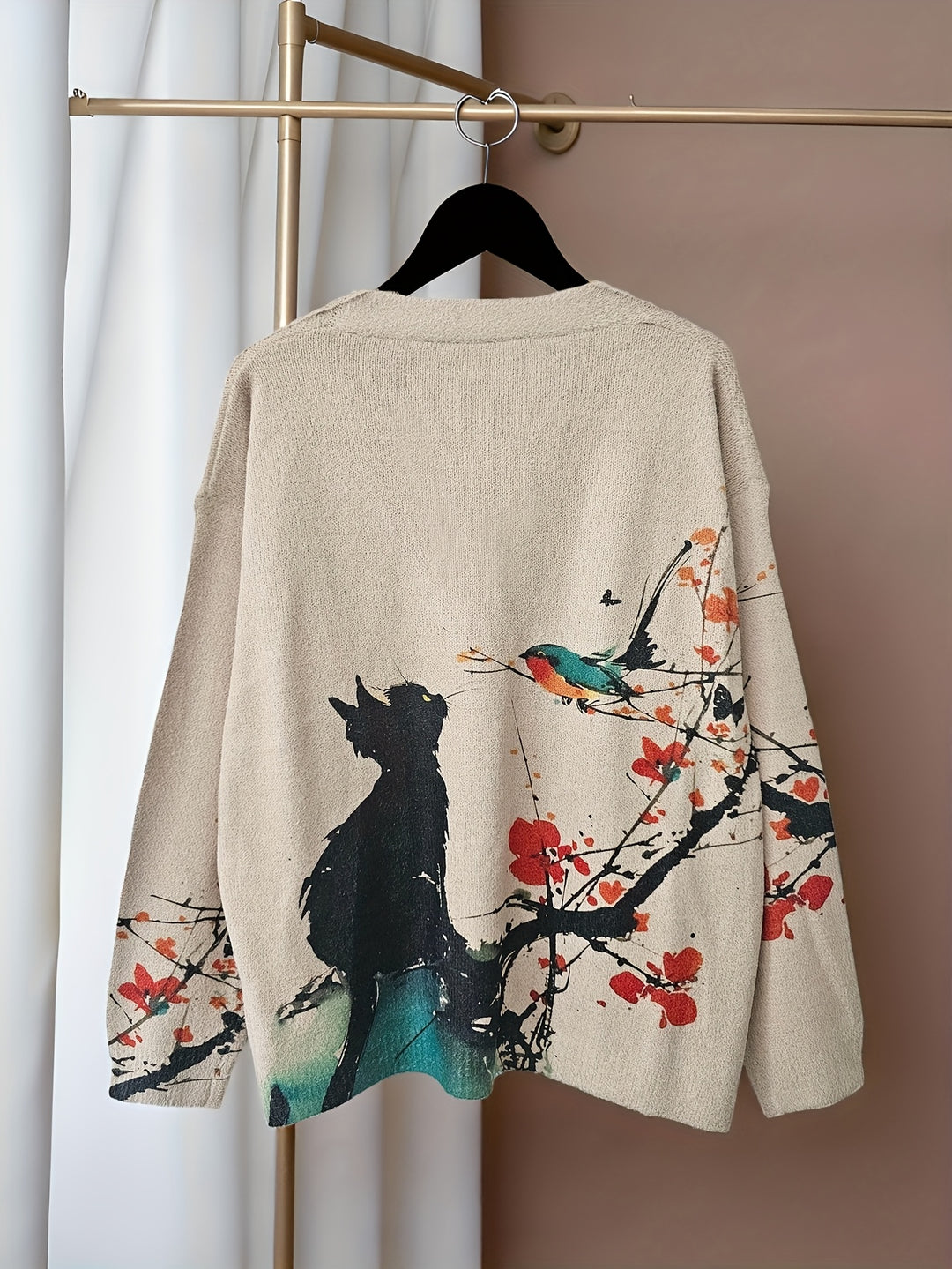 Cielo – Damen V-Ausschnitt-Cardigan mit Katzenmuster und Knopfleiste