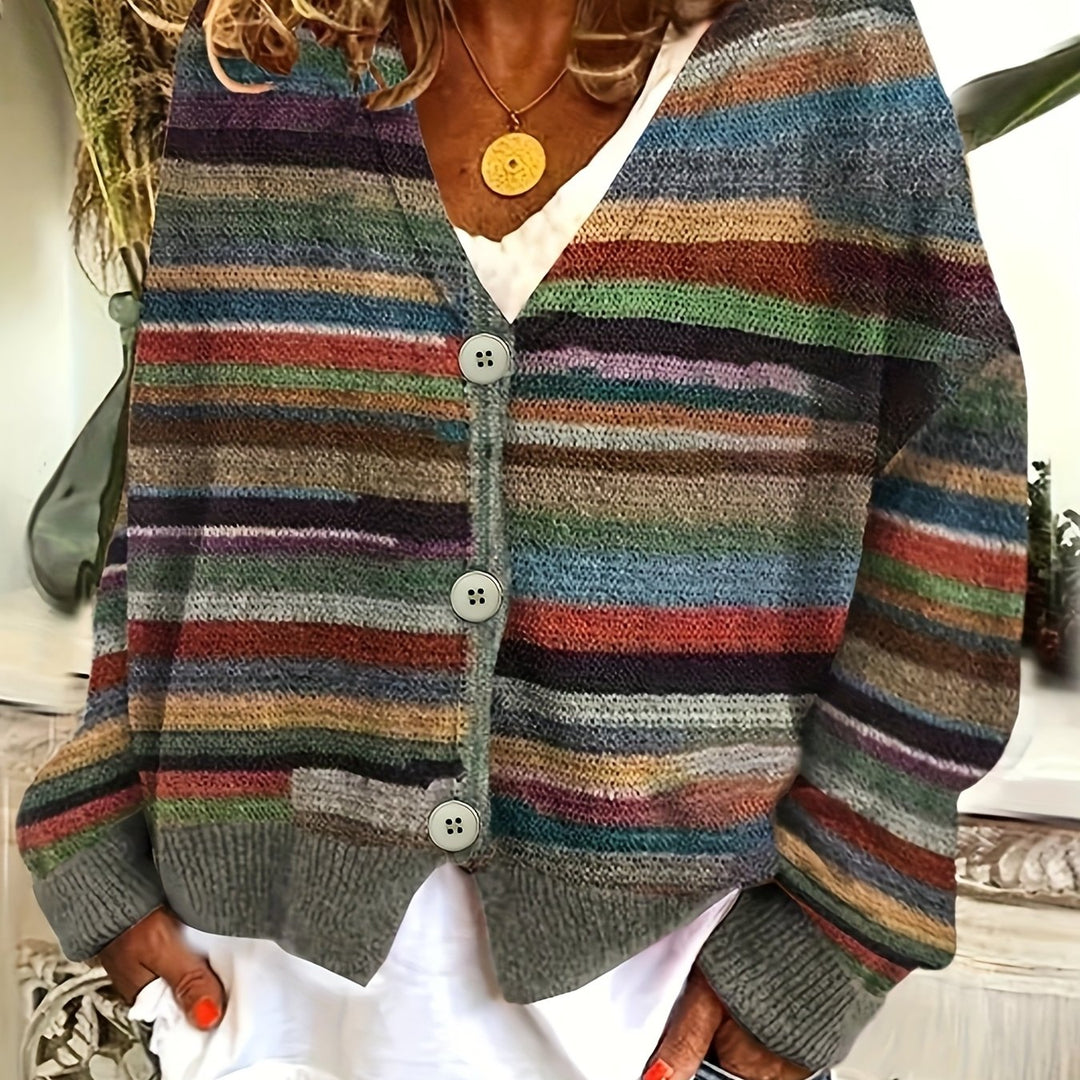 Elenita – Damen V-Ausschnitt-Cardigan mit bunten Streifen und Knopfleiste