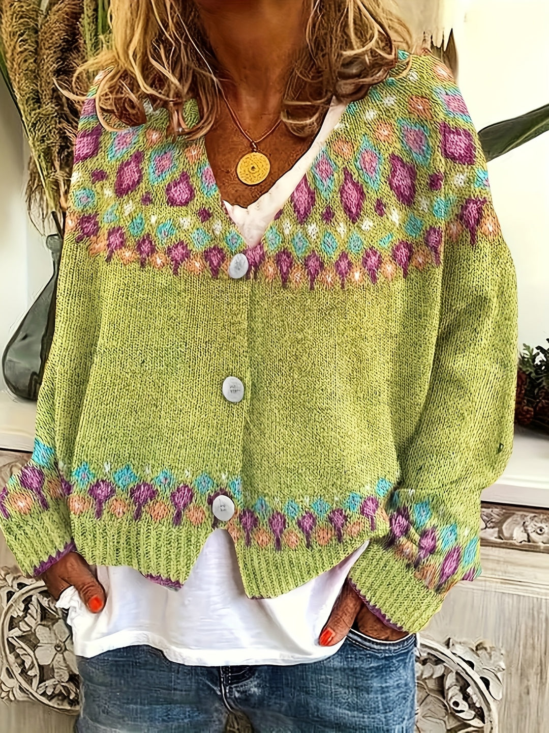 Geneva – Damen V-Ausschnitt-Cardigan mit geometrischem Fair-Isle-Muster