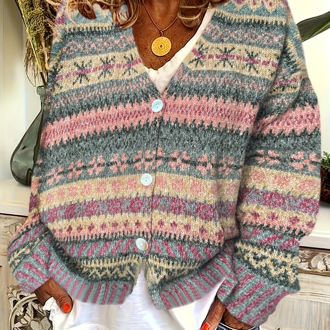 Heather – Damen V-Ausschnitt-Cardigan mit geometrischem Muster