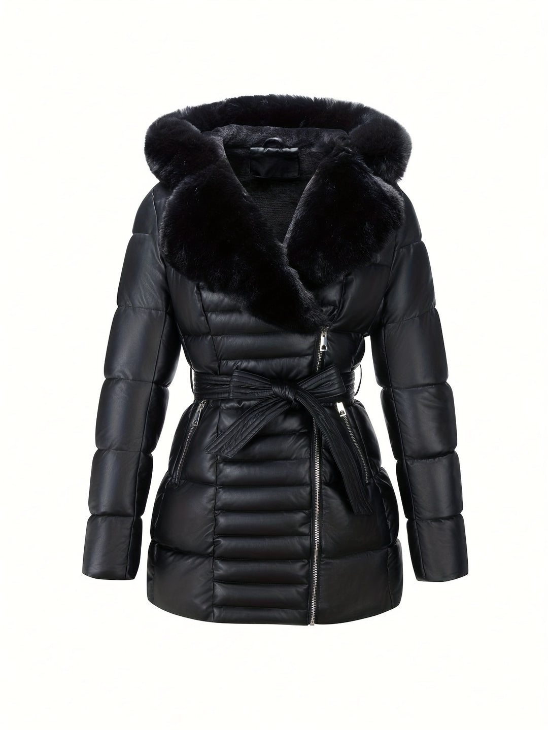 Ingrid – Elegante Damen-Veganer Lederjacke mit Kapuze aus Kunstfell und Gürtel-Detail