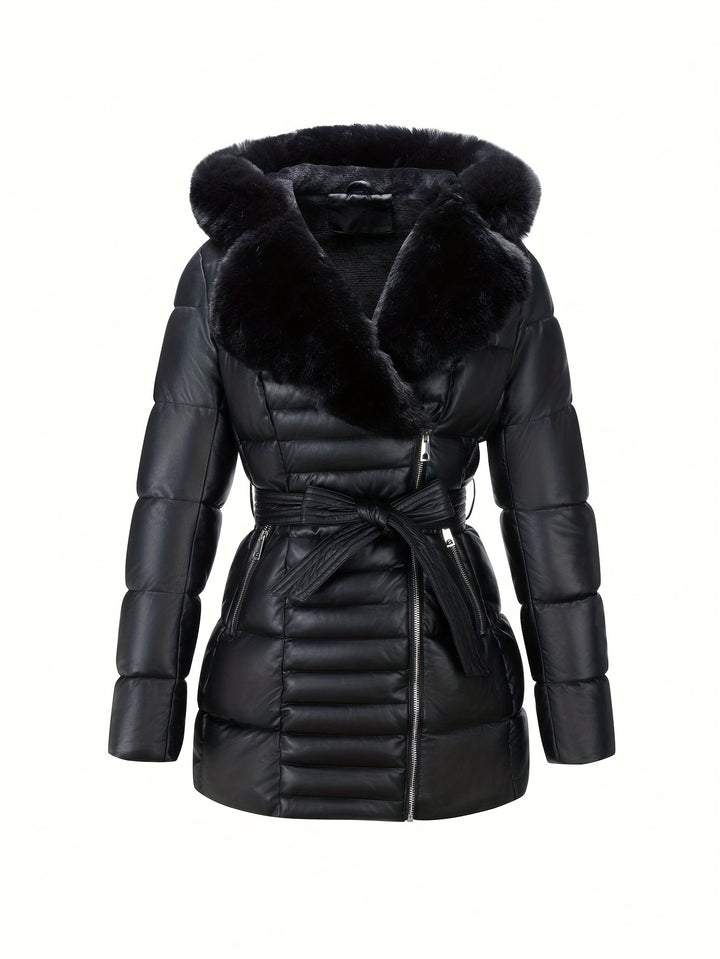 Ingrid – Elegante Damen-Veganer Lederjacke mit Kapuze aus Kunstfell und Gürtel-Detail