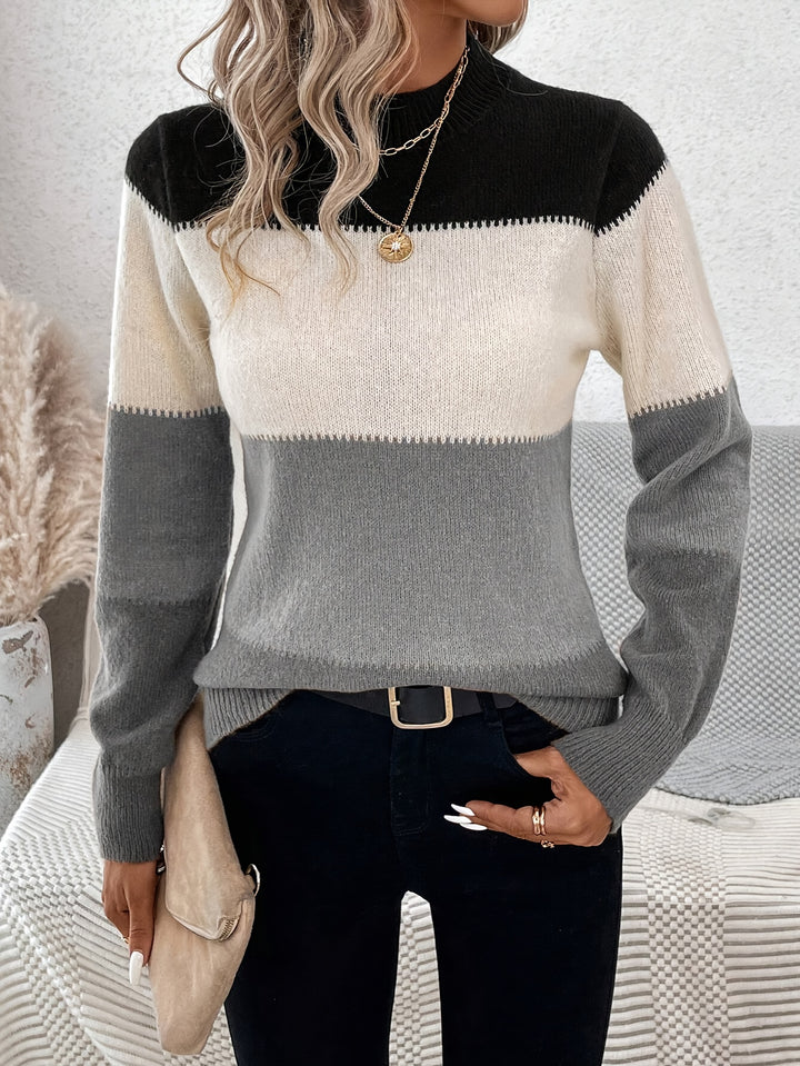 Svenja | Farbblock-Pullover mit Stehkragen & langen Ärmeln