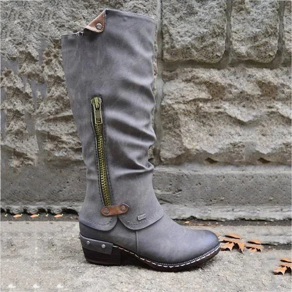 Kirsten – Kniehohe Vintage-Stiefel mit Reissverschlusstasche und klobigem Nietenabsatz (Ausverkauf 2024)