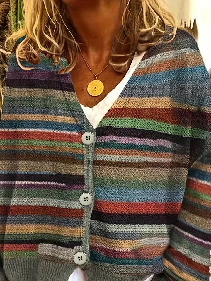 Elenita – Damen V-Ausschnitt-Cardigan mit bunten Streifen und Knopfleiste
