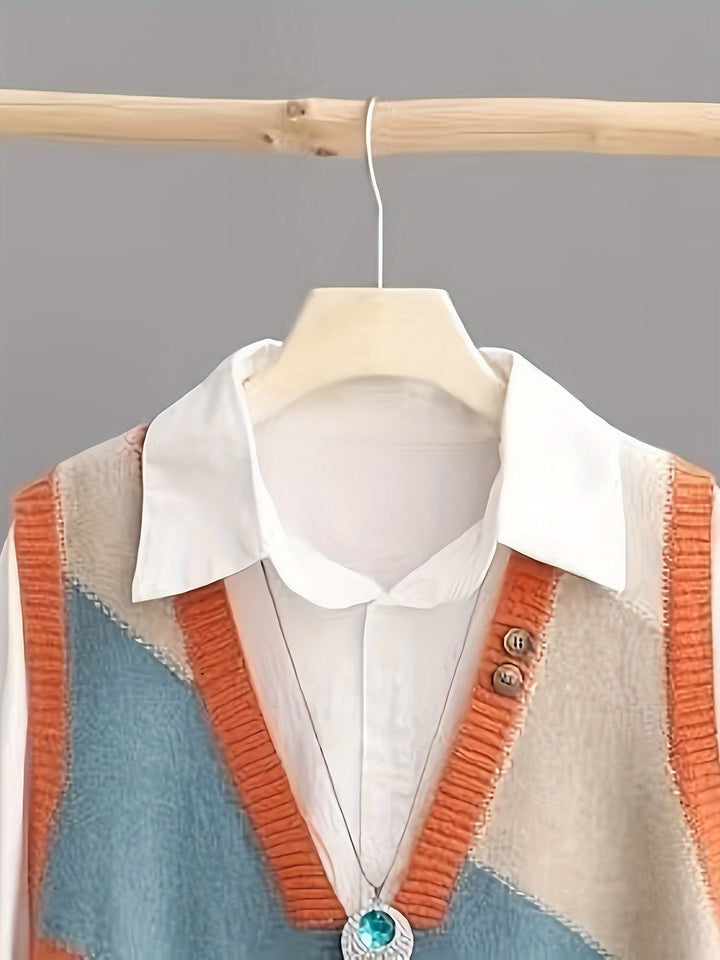 Iva – Vintage Strickweste mit Farbblock & V-Ausschnitt