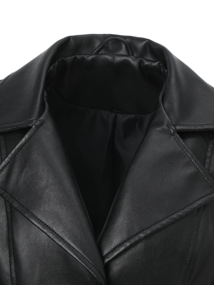 Atara – Eleganter PU-Veganer Ledermantel mit Revers & A-Linien-Schnitt