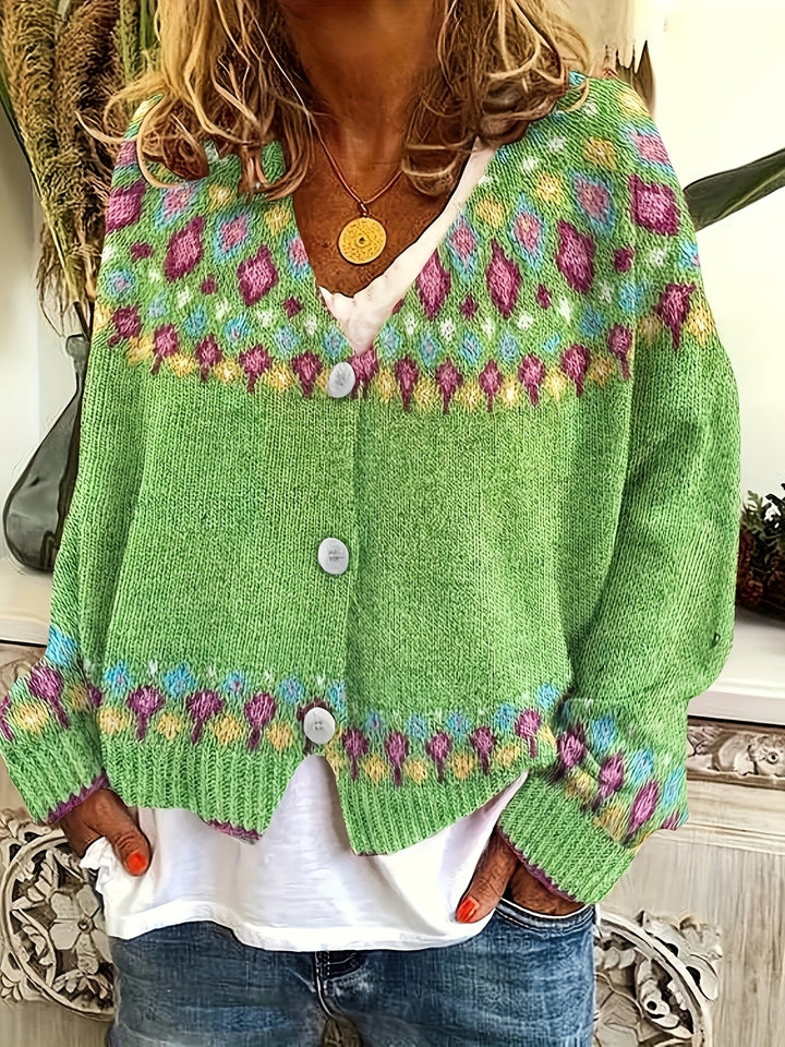 Geneva – Damen V-Ausschnitt-Cardigan mit geometrischem Fair-Isle-Muster