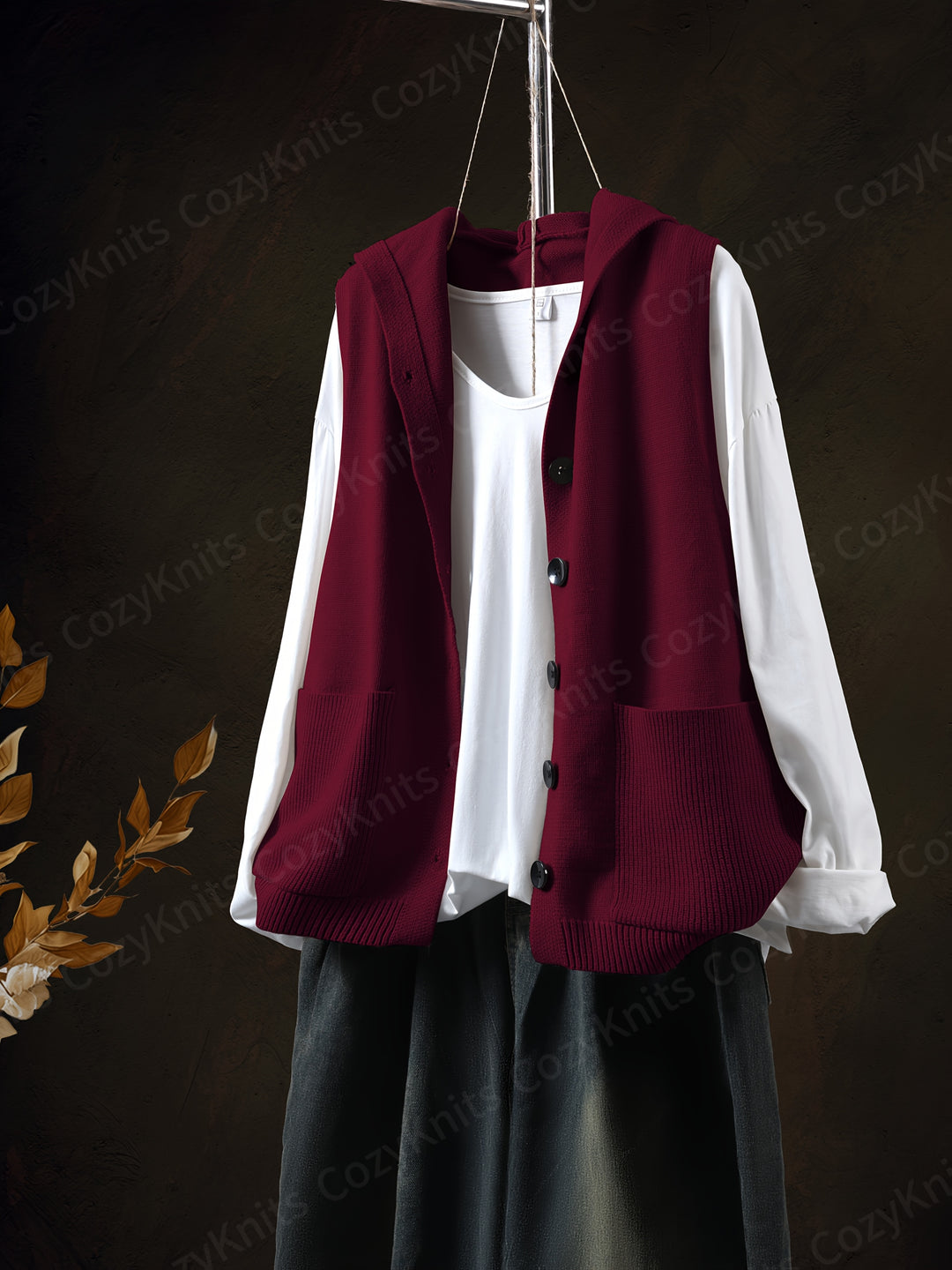 Tenzin – Ärmelloser Strick-Cardigan mit Kapuze, Knopfleiste & Taschen