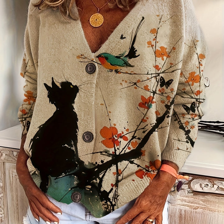 Cielo – Damen V-Ausschnitt-Cardigan mit Katzenmuster und Knopfleiste