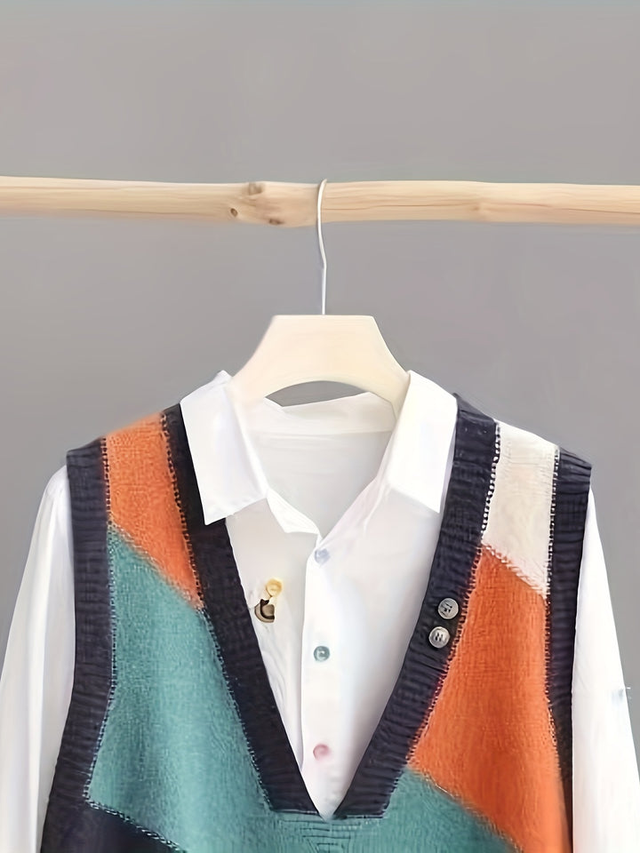 Iva – Vintage Strickweste mit Farbblock & V-Ausschnitt