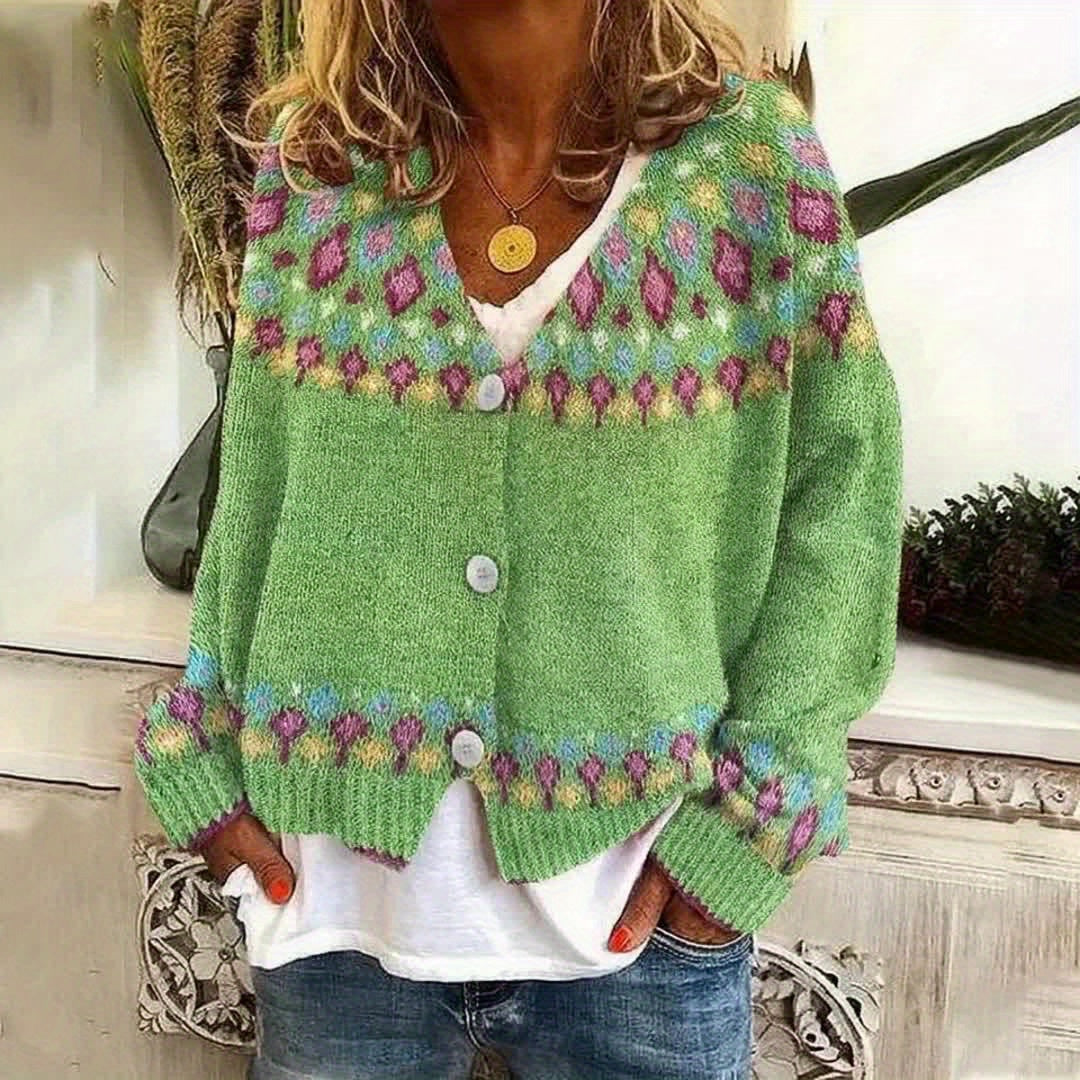 Geneva – Damen V-Ausschnitt-Cardigan mit geometrischem Fair-Isle-Muster