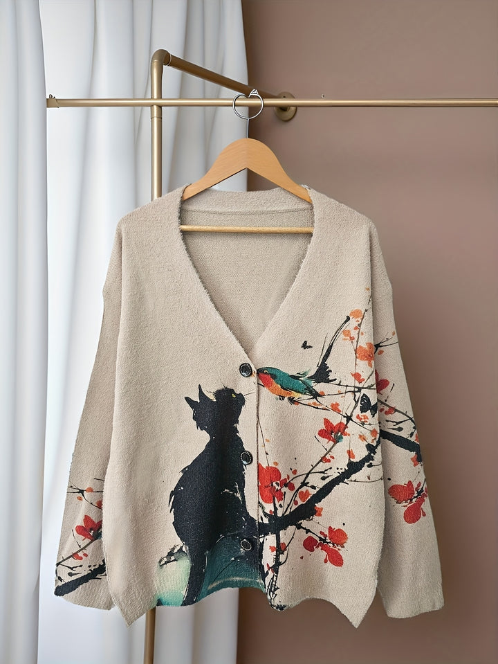 Cielo – Damen V-Ausschnitt-Cardigan mit Katzenmuster und Knopfleiste