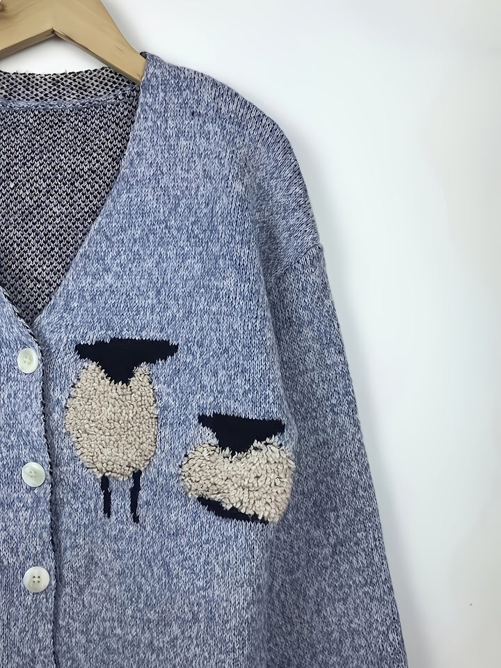 Malaya – Damen V-Ausschnitt-Cardigan mit Schafmuster und Knopfleiste