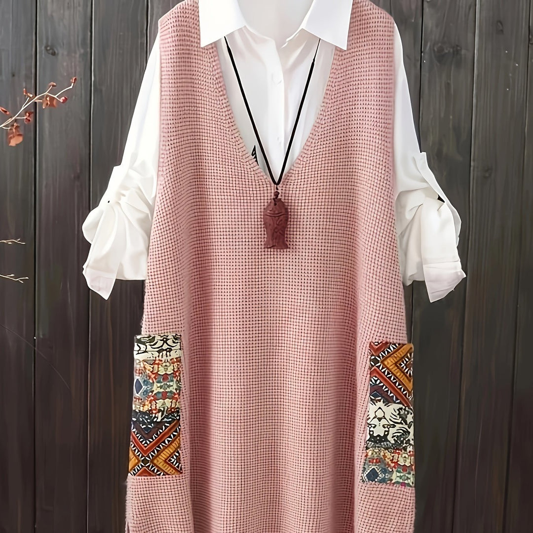 Carolina – Plus Size Strickkleid mit V-Ausschnitt, Farbblock & Taschen